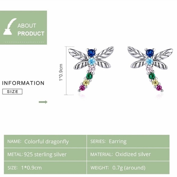 925 Sterling Silver Colorful Multiple Zircon Dragonfly Stud Earrings. - Picture 7 of 8